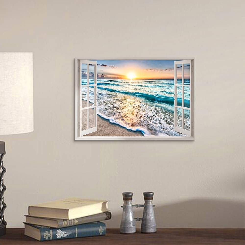 beach canvas window wall art: beach picture coastal artwork seascape ocean scene prints - looking out fake window wall decor for bathroom 12"x16"