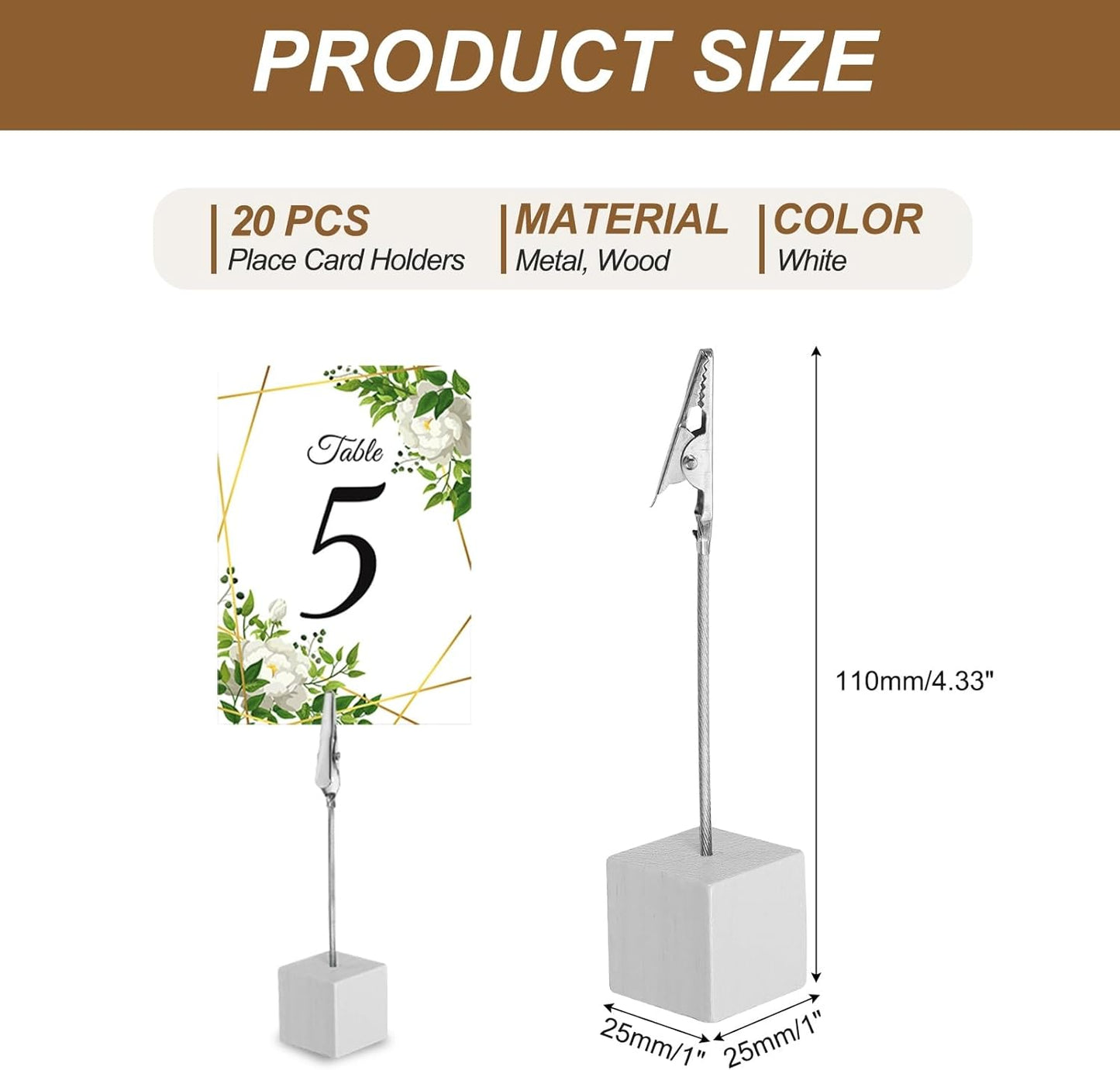 PATIKIL Place Card Holder, 20Pcs Memo Clip Holder Stand with Alligator Clasp Table Number Holders Wooden Base for Pictures Note Card Paper, White