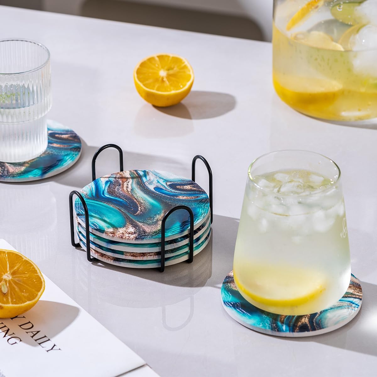 Blue Marble Coasters with Holder Set of 6, Absorbent Ceramic Coasters for Drinks, Coasters with Cork Backing for Table Protection, Housewarming Christmas Birthday Gifts 4 inches