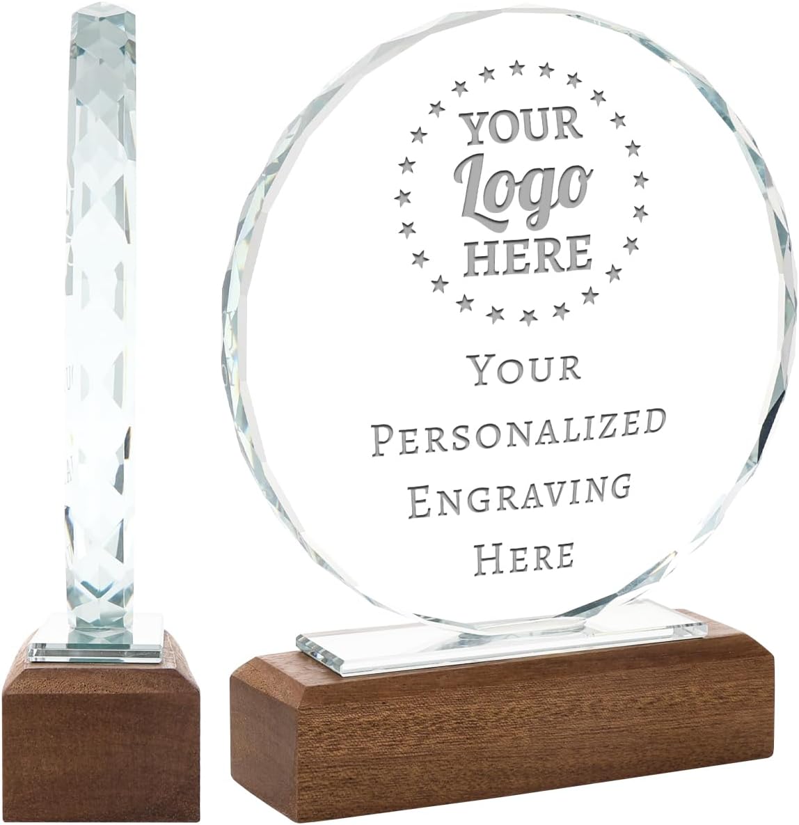 Personalized Crystal Trophy Award with Solid Wood Base - Custom Engraved Plaques for Employee Recognition, Sports Trophies, Thanks Gifts