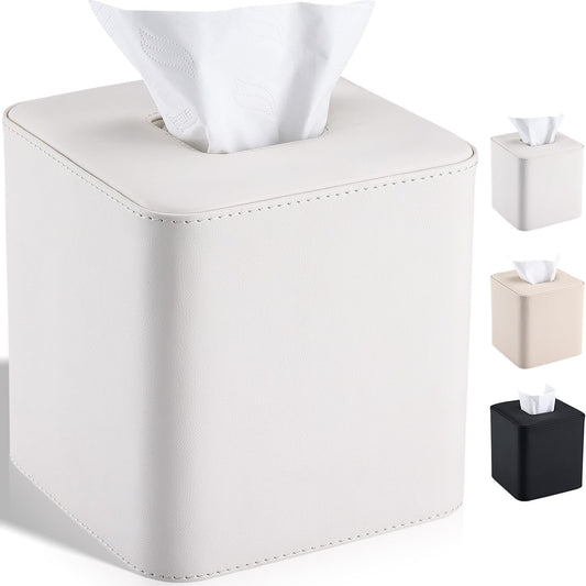 GORESE Square Tissue Box Cover Leather Kleenexs Box Cover, Cute Tissue Cover for for Cube Box Tissues, Tissue Box Holder for Bedroom, Living Room, Bathroom, Cream White