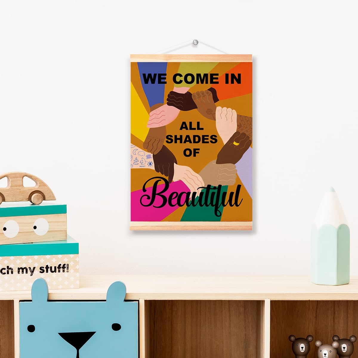 Multicultural Diversity Equality Poster Hanger Frame for Classroom School Office Nursery Wall Decor,We Come In Shape of Beautiful Canvas Wall Art Poster Print Wall Hanging 16x12in