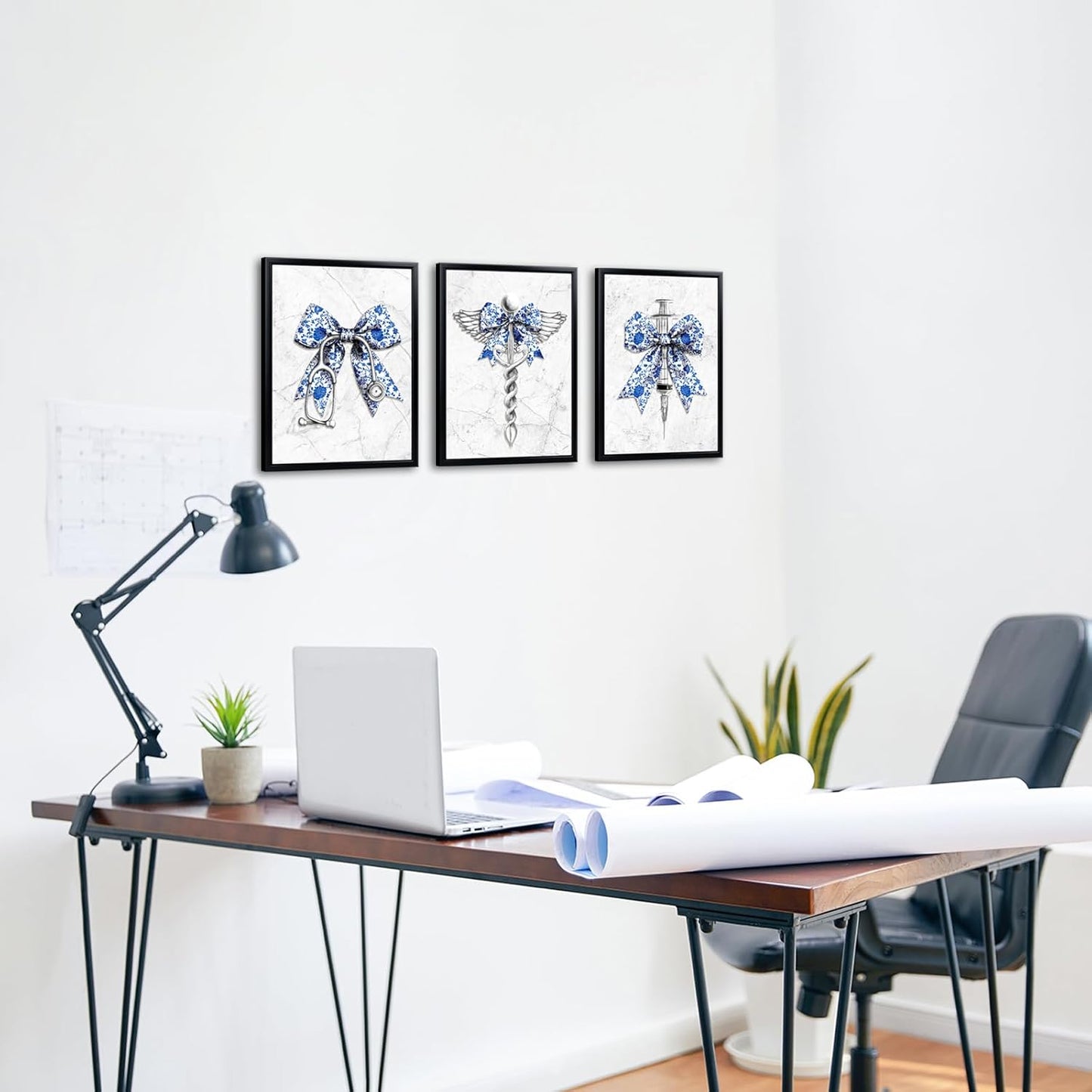 KREATIVE ARTS Blue and White Porcelain Medical Canvas Wall Art Black Frame Stethoscope Syringe Winged Medical Symbol Prints Chinese Style Decor for Nurse Doctor Office Clinic Hospital 12x16 Inches Set of 3