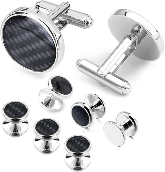 HAWSON Cufflinks and Studs for Men-Fashion Men Vintage Enamel Carbon Fiber Tuxedo Shirt Cufflinks and Studs Set for Regular Wedding Business Accessories