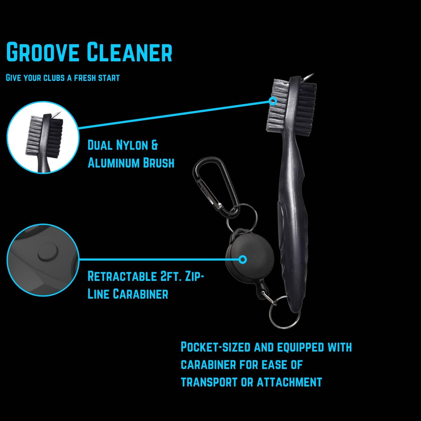 NuRich Golf Club Sharpener and Brush Cleaner Golfer Accessories Kit Comes with Wire/Nylon Brush, Iron Groove Sharpener, Retractable Zip-Line, and Golfing Carabiner for Golf Bag or Lanyard Attachment