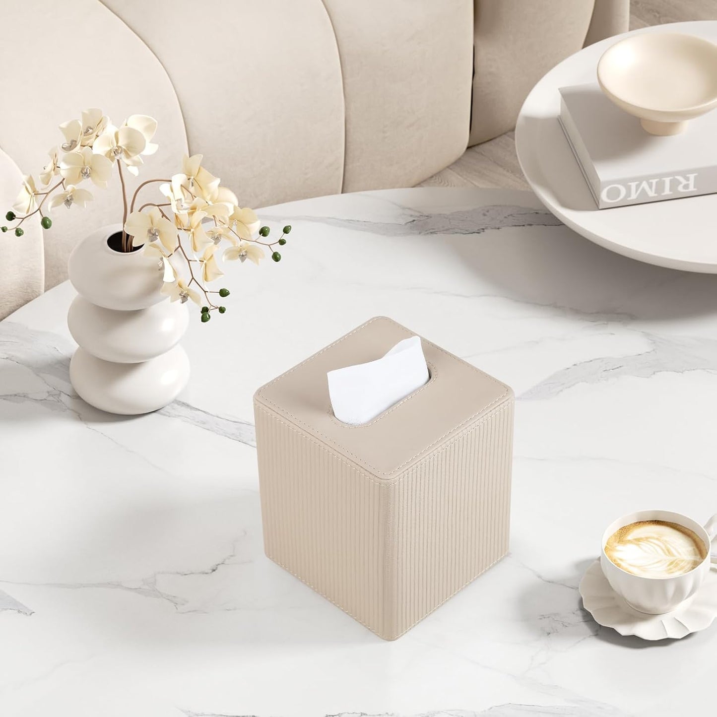 PU Leather Tissue Box Cover Square with Magnetic Closure, Modern Tissue Box Holder for Bathroom Bedroom Office Desk, Decorative Square Tissue Holder (Beige)
