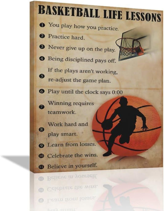 Basketball Life Lessons Wall Art Basketball Pictures Canvas Wall Decor Gifts for Basketball Player Boy Man Motivational Sports Painting Print Artwork Framed for Classroom Boy Room Gym 20"x24"