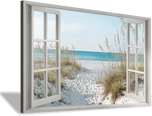 beach wall art window picture: coastal canvas artwork seascape scene prints looking out fake window wall decor for bathroom 12"x16"