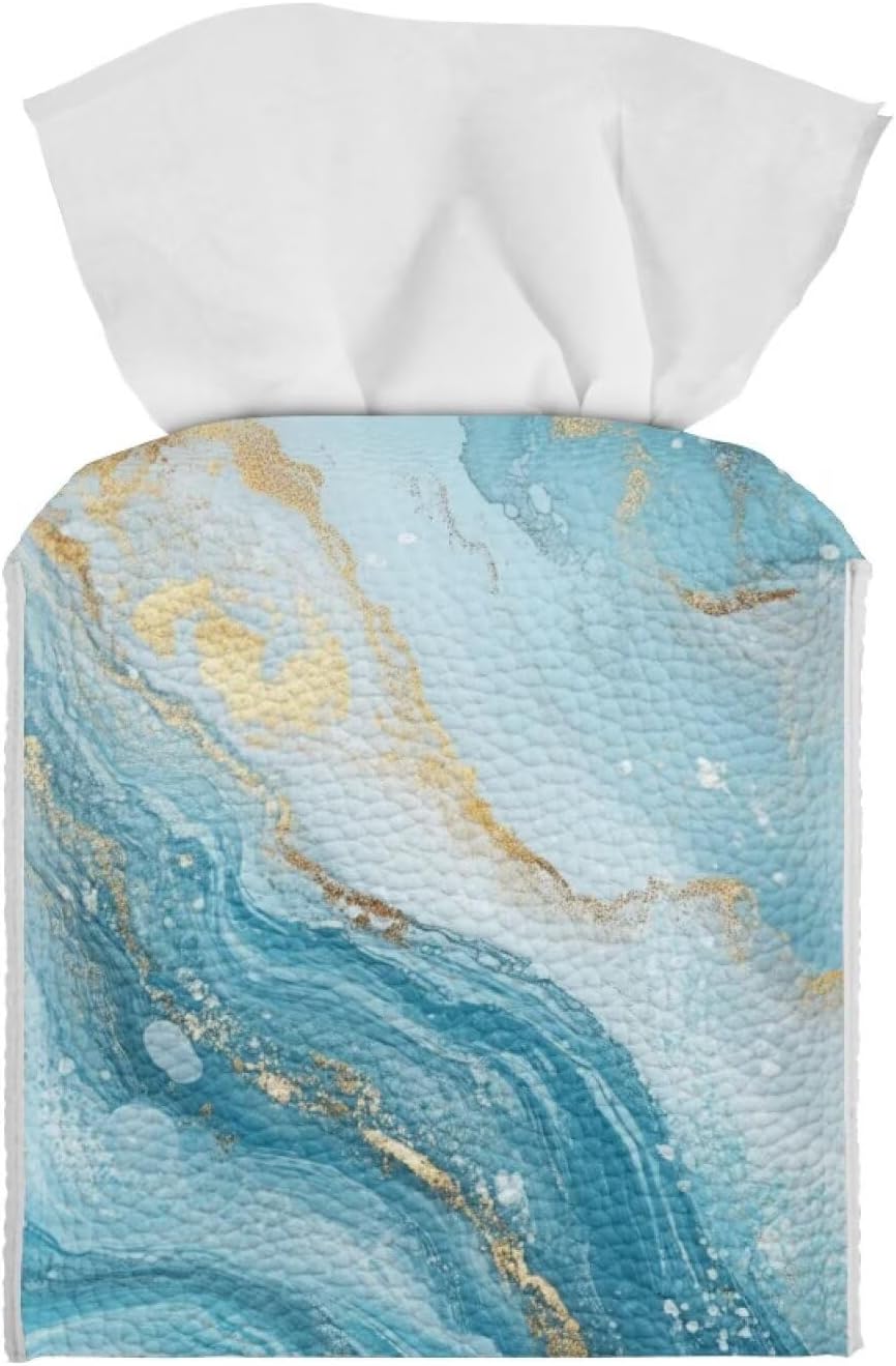 Marble Print Tissue Box Cover 5x5x5 inch Square PU Leather Facial Tissue Box Holder for Dresser Bathroom Decor Foldable Easy to Storage or Take