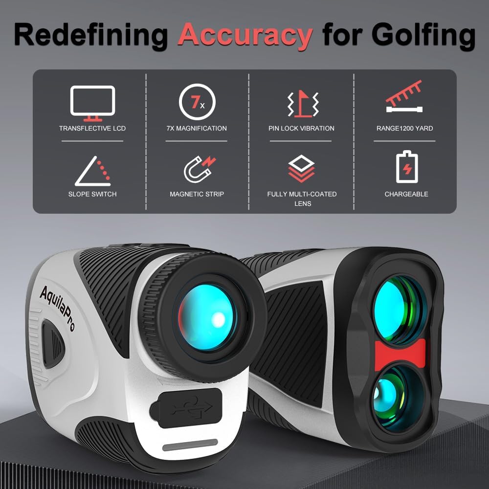 AquilaPro N3 Golf Rangefinder with Slope, 1200 Yards, Rangefinder Golf, 0.5 Yard Accuracy, 7X Magnification, Flag Lock Vibration, Rechargeable Golf Range Finder