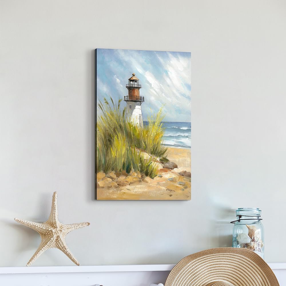 coastal wall art lighthouse pictures: beach wall decor coastal artwork nautical ocean print in beach canvas painting for bathroom 11" x 16"