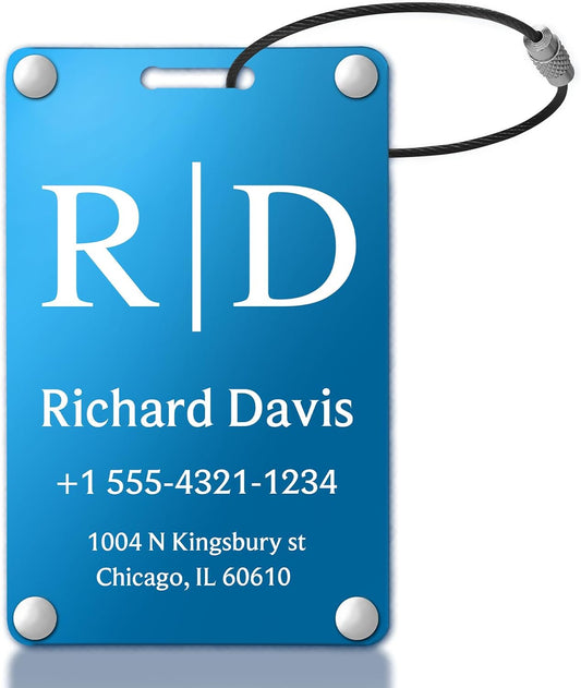 Personalized Luggage Tags for Suitcases - Monogram Style Aluminum Custom Luggage Tags for Backpacks & Bags, Sturdy, Waterproof & Heavy Duty (Blue/Card-Sized)