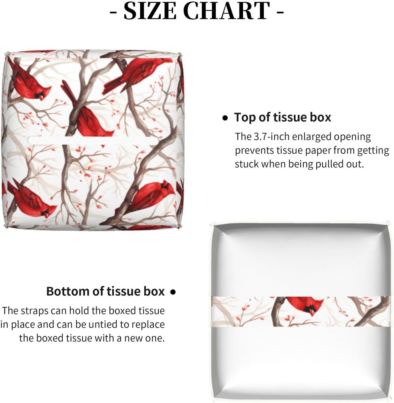 Tissue Box Cover Winter Christmas Red Bird Square PU Leather Tissue Box Holder for Car Bathroom Bedroom Desk Tabletop Decor