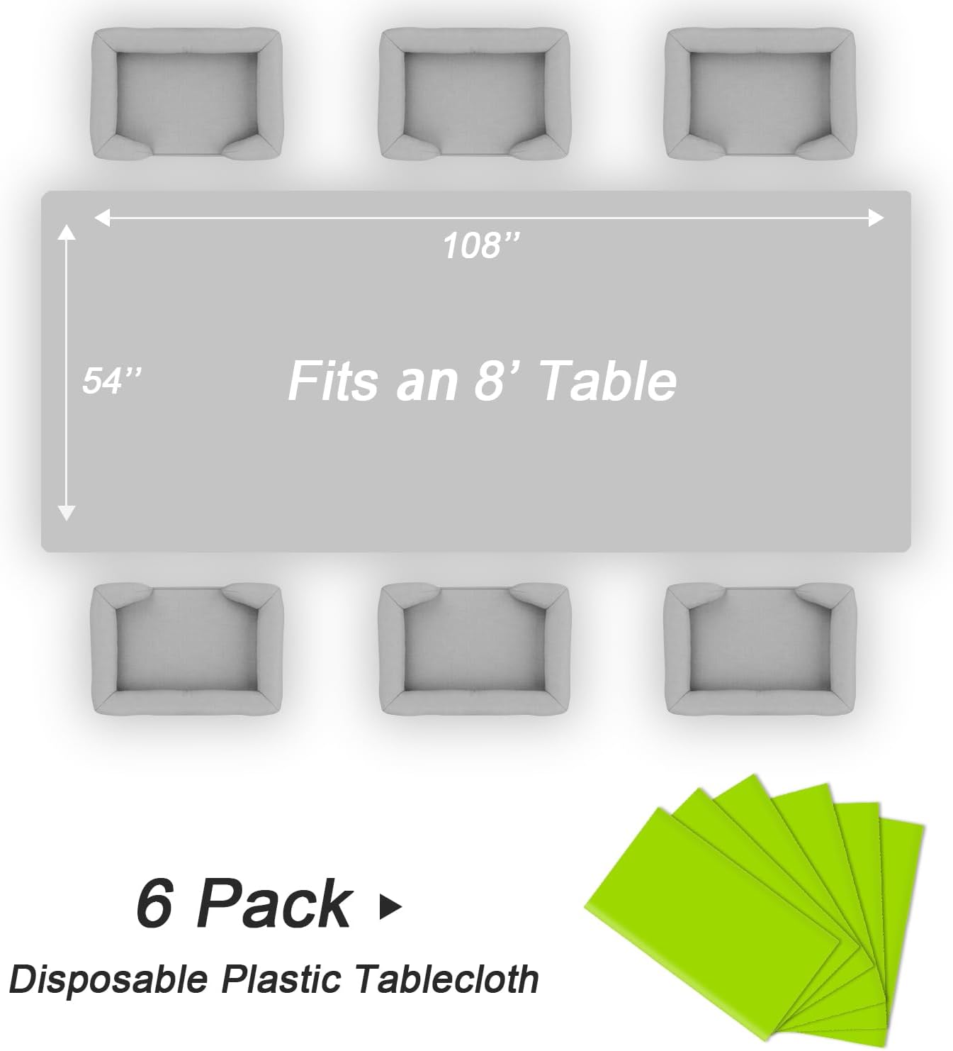 QIKSION Plastic Table Cloth Disposable 6 Pack, 54 x 108 Inch Tablecloths for Rectangle Tables, Lime Green Plastic Table Cover