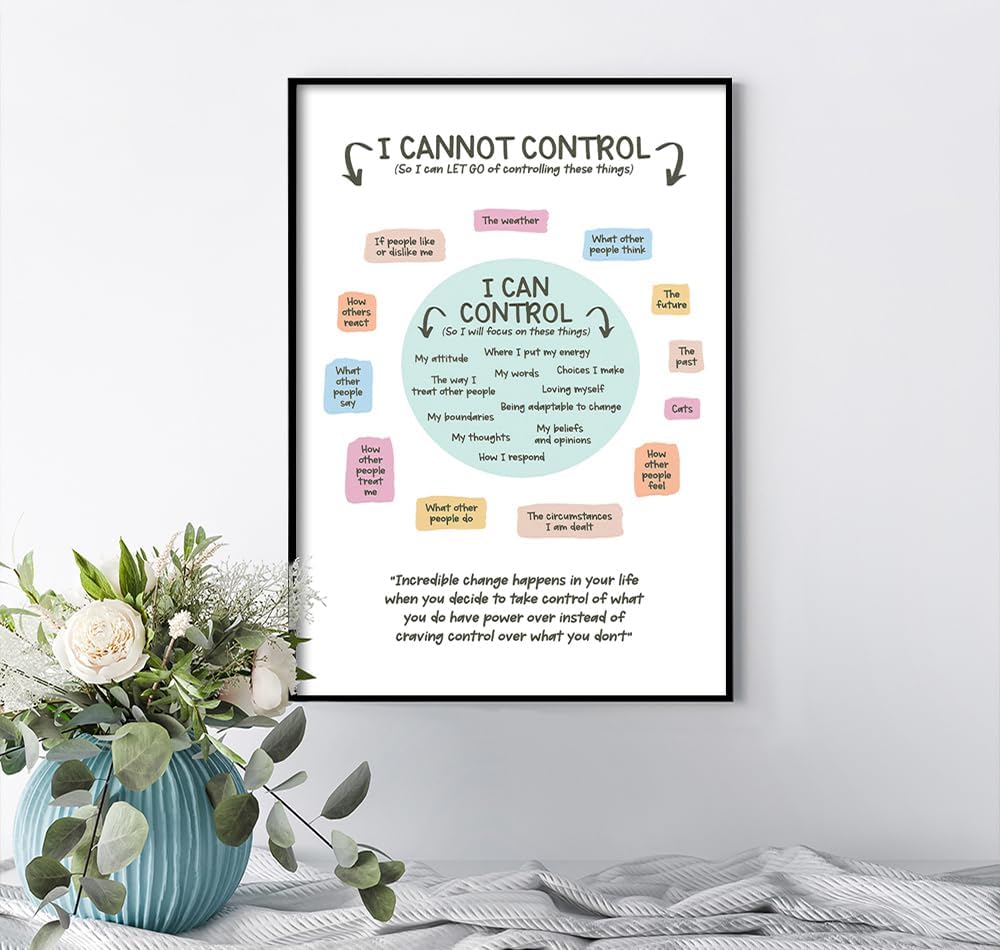 uoyien Growth Mindset Mental Health Posters I Cannot Control and I Can Control Positive Affirmations Charts Canvas Wall Art Kids Educational Prints For Calming Corner Decorations Framed 12x16in
