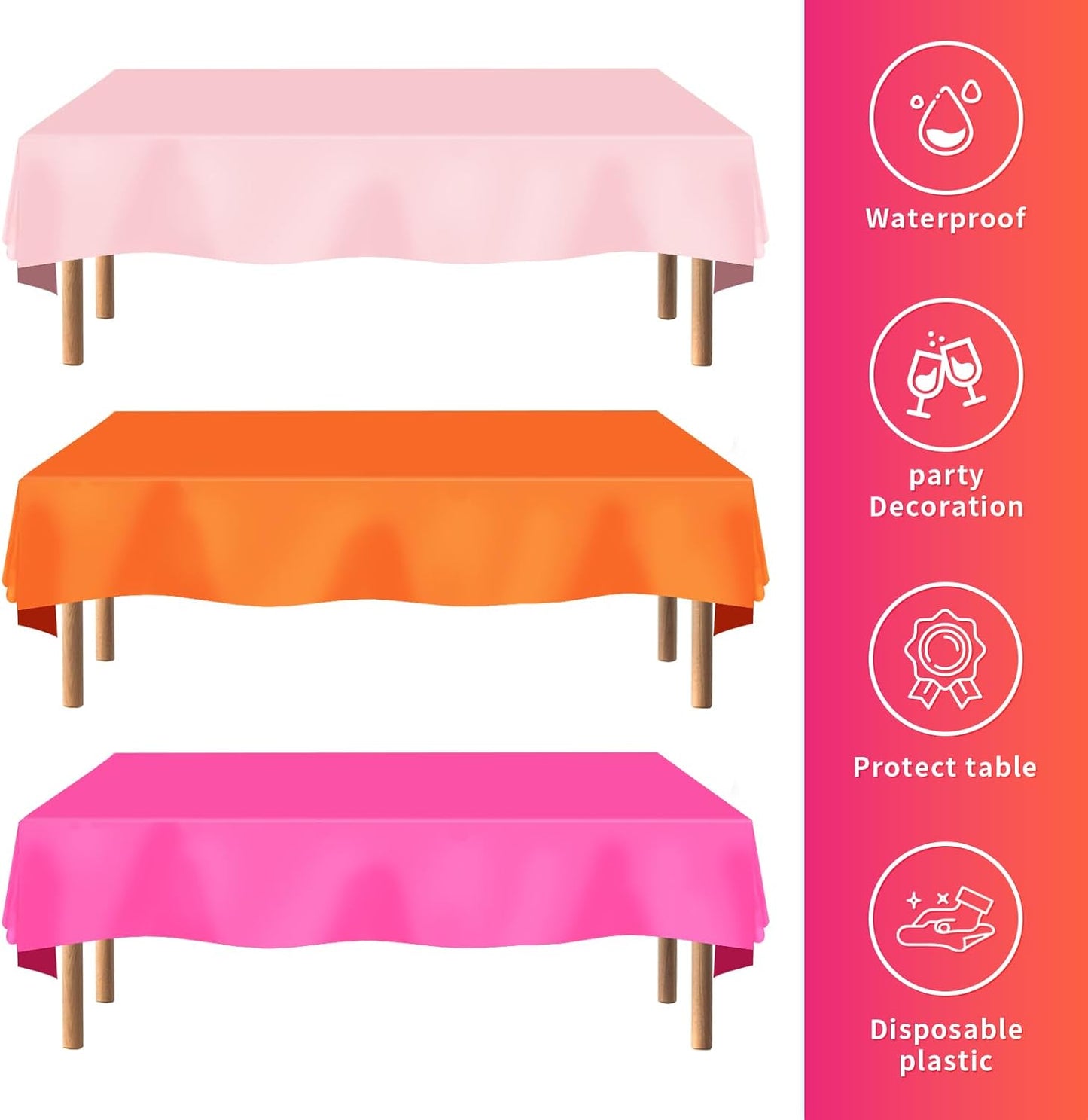 Grencian 3 Pack Pink and Orange Plastic Tablecloth Party Decorations Hot Pink and Orange Disposable Tablecloth Rectangle Table Cloth for Tequila Sunrise Sunset Birthday Party Decorations 54x108 Inch
