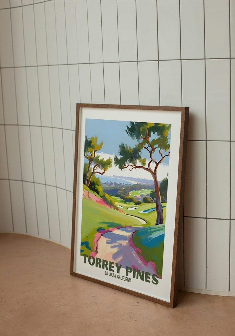 Nationcog Torrey Pines Golf Course Poster, Vintage California Travel Wall Art Print, Retro Coastal Landscape Painting, Retro Golf Artwork for Dog Lovers, Husband, or Golf Friends (Unframed) (27x40)