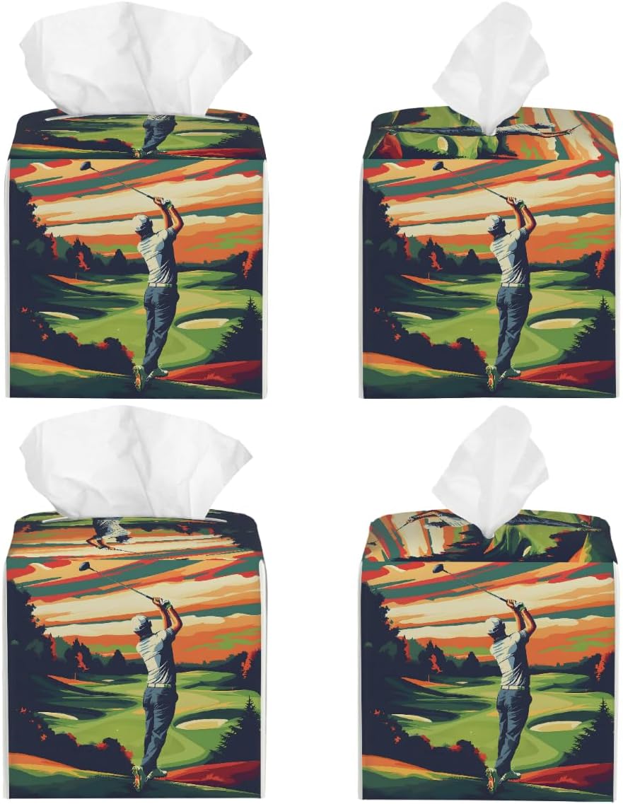 Square Leather Tissue Box Cover, Waterproof Napkin Dispenser with Golf Ball Golf Lover Print, Tissue Holder for Bathroom, Living Room, Bedroom, Office, and Car Decor