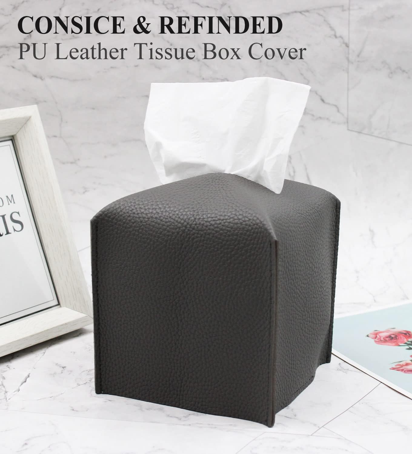 Livelab Tissue Box Cover, Square Decorative PU Leather Tissue Box Holder Modern Tissue Case Facial Paper Organizer Dispenser for Bathroom, Vanity Countertop, Night Stand, Desk, Car 5X5X5'' | Dark Gray