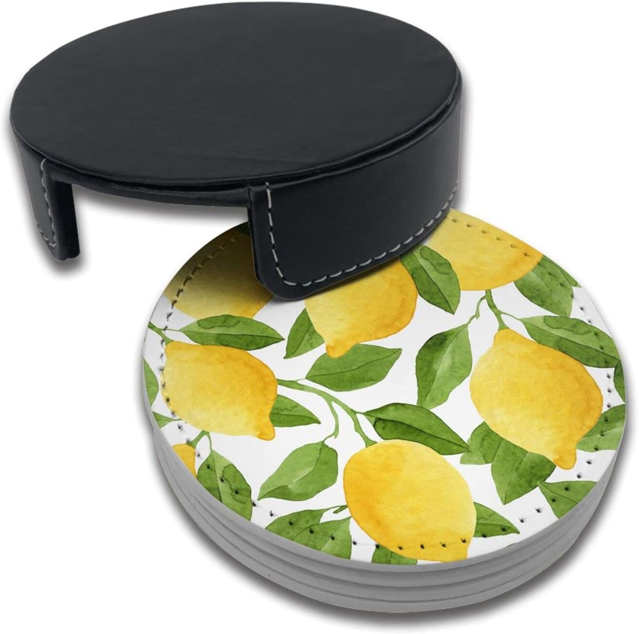 Lemon Leather Drinks Coasters with Holder Set of 6, Suitable for Kinds of Cups