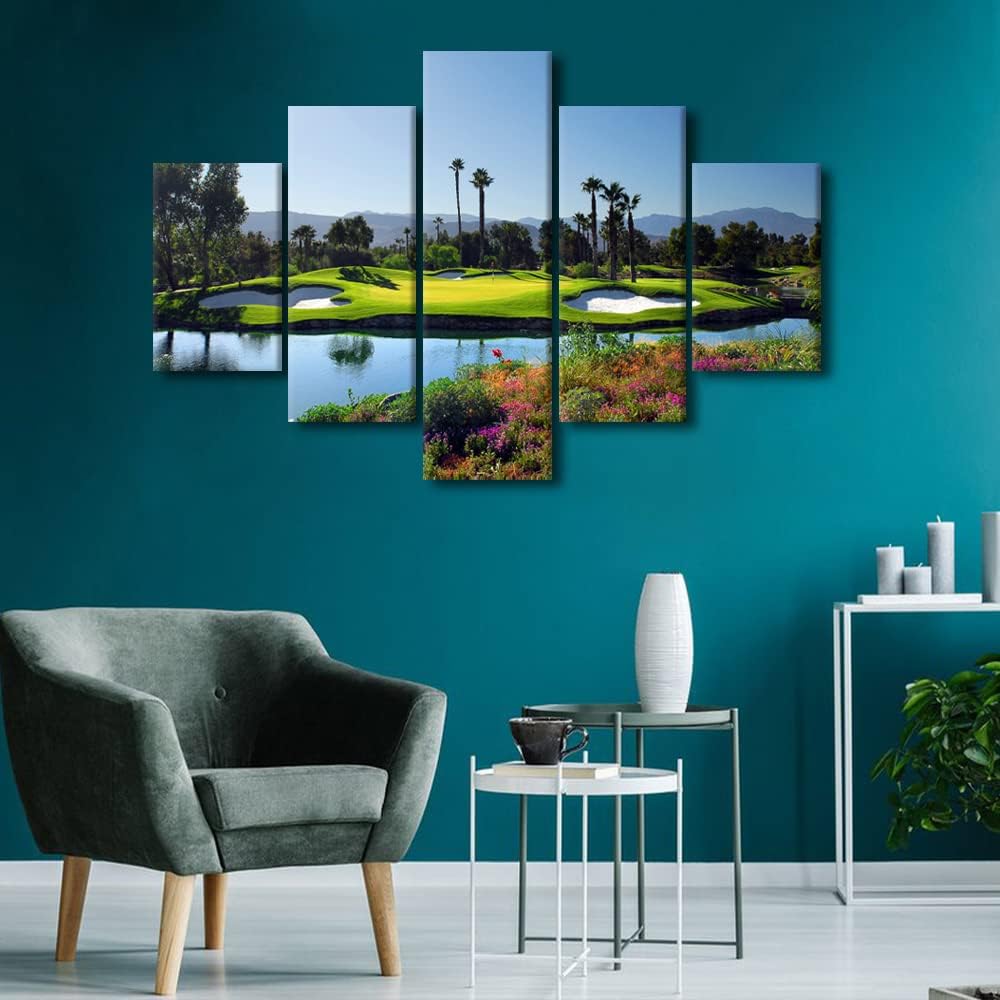 Golfer Pictures for Living Room Golf Course Scenery Paintings Golf Course Artwork 5 Piece Prints Wall Art on Canvas Modern House Decorations Gallery-Wrapped Framed Stretched Ready to Hang - 60"Wx40"H