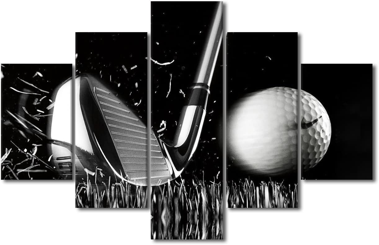Golf Pctures Wall Decor Black and White Paintings Golf Course Wall Art for Living Room Golfing Sports Artwork 5 Piece Prints on Canvas Modern House Decor Giclee Framed Ready to Hang - 60"W x 40"H