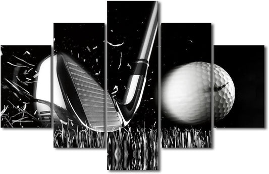 Golf Pctures Wall Decor Black and White Paintings Golf Course Wall Art for Living Room Golfing Sports Artwork 5 Piece Prints on Canvas Modern House Decor Giclee Framed Ready to Hang - 60"W x 40"H