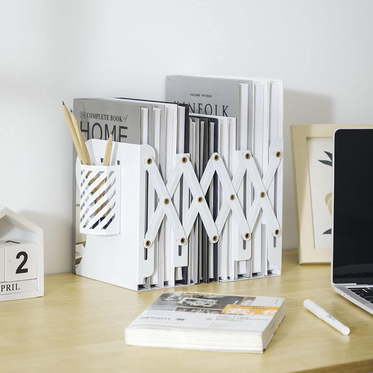 Adjustable Bookends Metal Book Ends for Heavy Book Holder Heavy Duty Bookends Nonskid Bookcase Desktop Book Organizer Binder Holder (White)