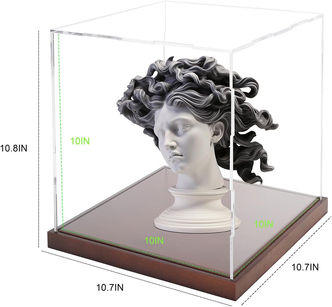 Clear Acrylic Display Box Collectibles Display Case Organizing Toys Case Storage Box with Solid Built-in Wooden Base(9.8x9.8x9.8 inch; 25x25x25 cm)