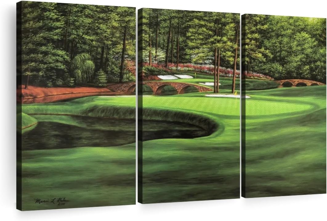 ElephantStock Augusta National 11th Hole I Wall Art - Horizontal Canvas - 3-Piece Living Room Wall Decor - Painting Sports Canvas Print - Green and Brown Decor for Wall by Marci Rule - 23" X 14"