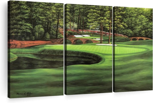 ElephantStock Augusta National 11th Hole I Wall Art - Horizontal Canvas - 3-Piece Living Room Wall Decor - Painting Sports Canvas Print - Green and Brown Decor for Wall by Marci Rule - 45" X 28"