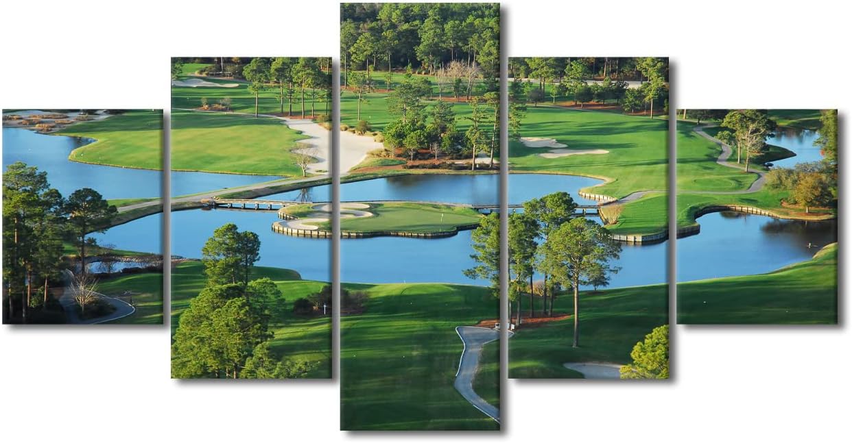 Green Golf Course Wall Art Golfing Sport Paintings for Living Room 5 Panels Prints on Canvas Bunker Pictures Landscape Artwork Gallery-Wrapped Home Modern Decor Framed Ready to Hang - 60"W x 32"H