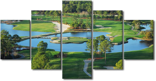 Green Golf Course Wall Art Golfing Sport Paintings for Living Room 5 Panels Prints on Canvas Bunker Pictures Landscape Artwork Gallery-Wrapped Home Modern Decor Framed Ready to Hang - 60"W x 32"H