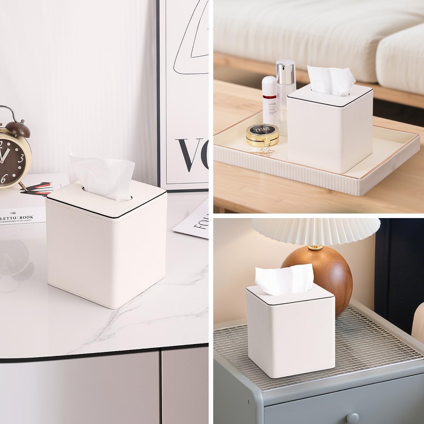 KINGFOM Leather Tissue Box Cover – Square Modern PU Leather Tissue Holder, Cube Tissue Dispenser for Home, Office, Bedroom, Bathroom – Elegant Minimalist Style (Ivory White-Square)