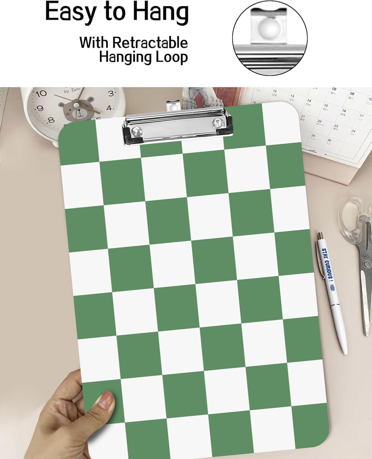 Fashion A4 Clipboard, Standard Letter Size 9" x 12.5", Decorative Wooden Clipboard with Low Profile Metal Clip for Office, School, Teachers, and Students, Green White Checkered Lattice
