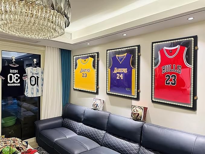 Nice C Jersey Frame Display Case with Lights, Jersey Shadow Box Display Case, Football Jersey Display Case with LED, 98% UV Protection, Valet Pinboard, Acrylic, Basketball (LED 3 Pack)