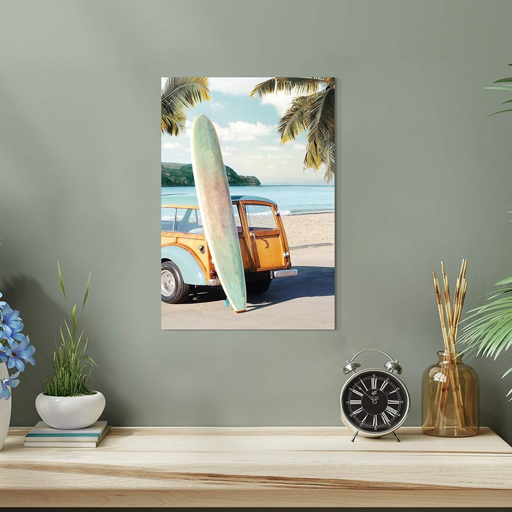 coastal wall art surfboard pictures: beach car wall decor seaside artwork surfing ocean print in beach canvas painting for bathroom 11" x 16"