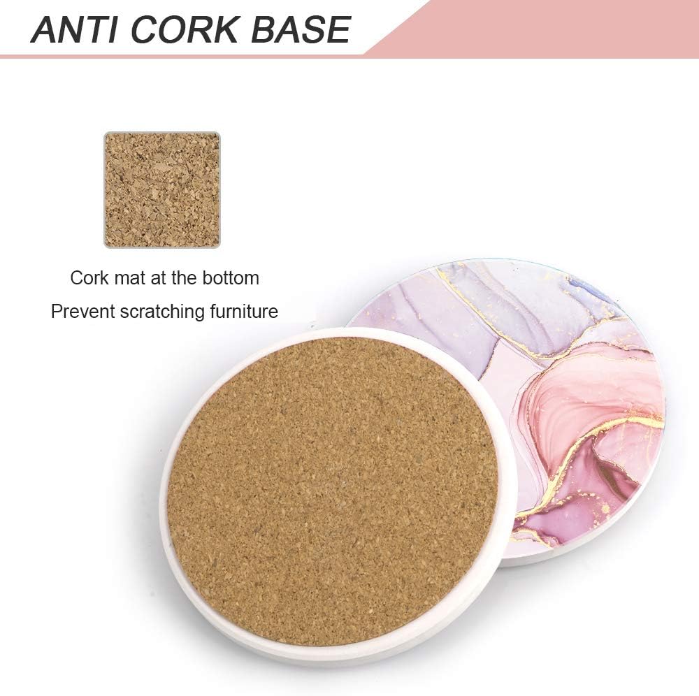 Lahome Marble Style Coasters - Round Drinks Absorbent Stone Coaster Set with Ceramic Stone and Cork Base for Kinds of Mugs and Cups (Lavender, 4)