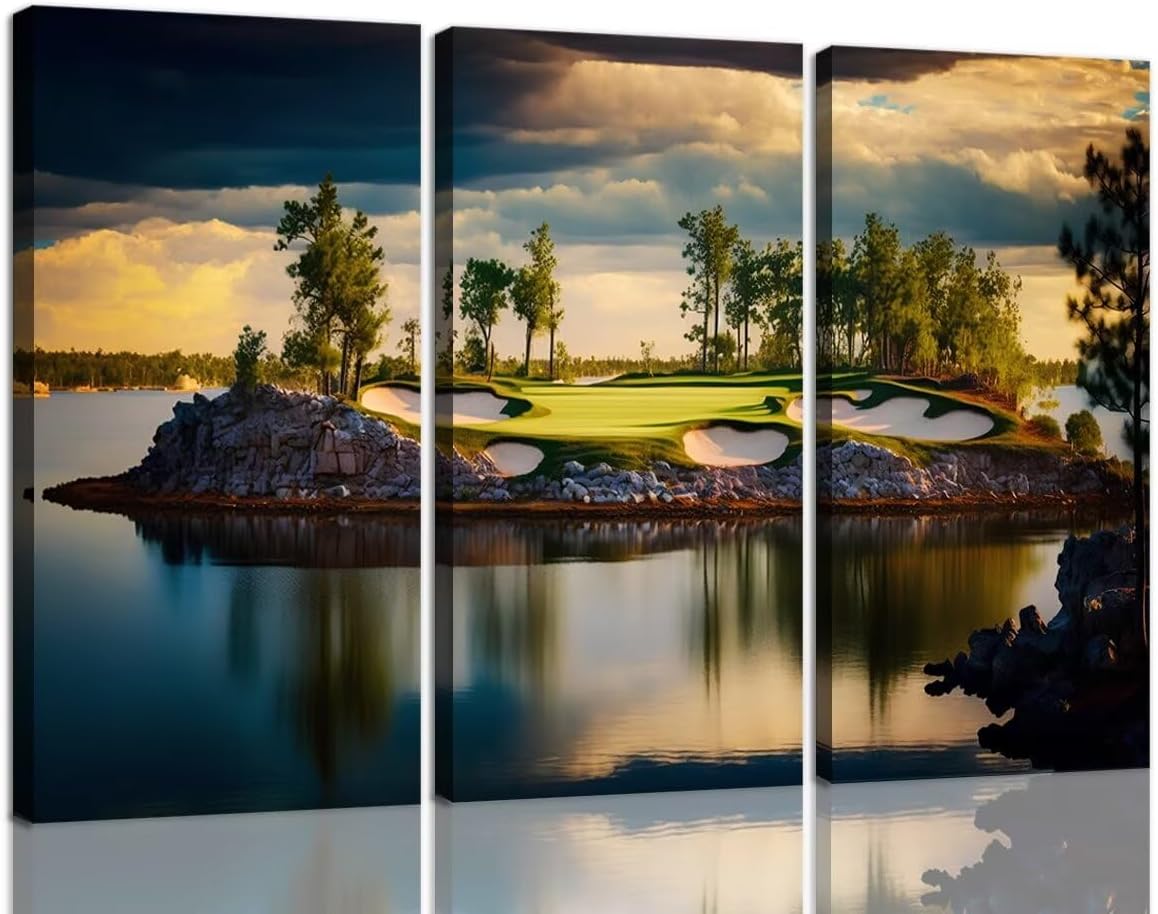 USA Golf Course Wall Art for Living Room Bedroom Bathroom Home Decorations Golf Course Pictures Posters Print on Canvas Modern Artwork Framed Ready to Hang(20''W x 40''H x3)