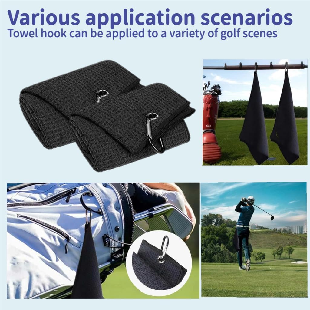 Magnetic Golf Towel, 16"x16" Black Microfiber, Strong Magnet & 3 Grommet Design, Carabiner Hook, Super Absorbent & Easy Clean, Golf Bag Accessory (Black, (16"*16") x2)
