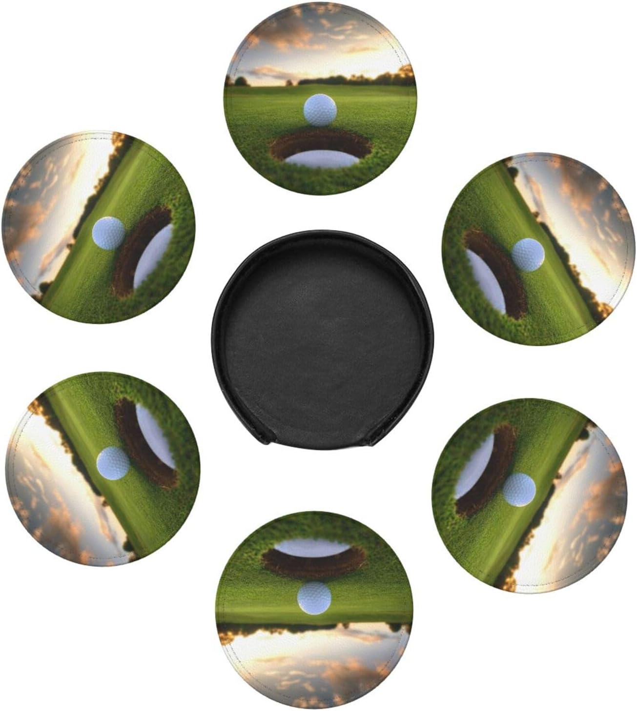 Funny Golf Scenery Coasters for Drinks Round Leather Coaster with Holder Set of 6 for Tabletop Protection Desk Accessories Office Home Room Decor