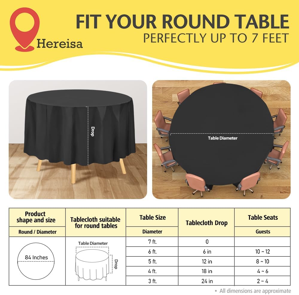 Brand Round Black Plastic 84" Disposable Tablecloth (3 Pack), Party & Event Decorative Cover