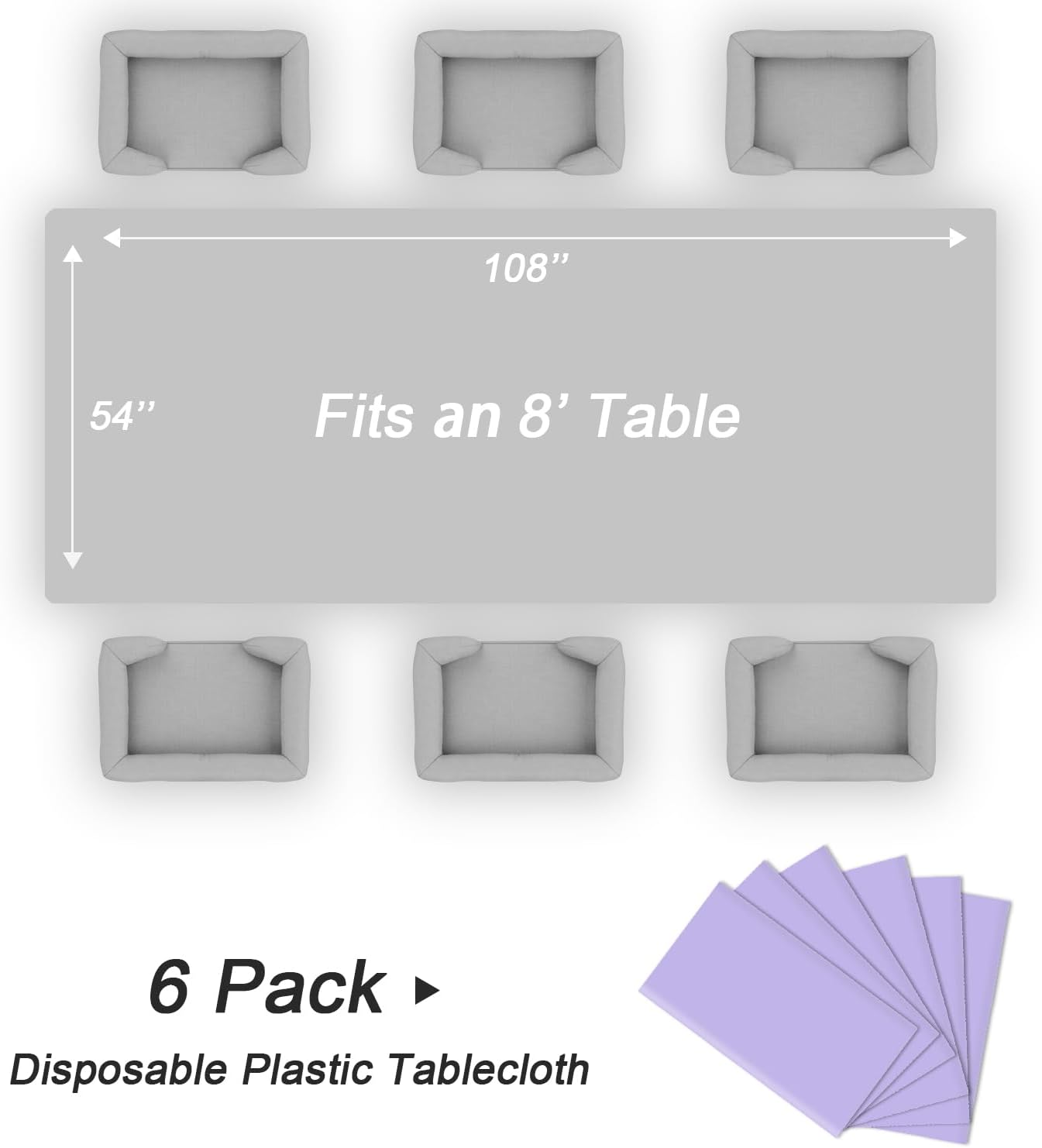 QIKSION Plastic Table Cloth Disposable 6 Pack, 54 x 108 Inch Tablecloths for Rectangle Tables, Lavender Plastic Table Cover