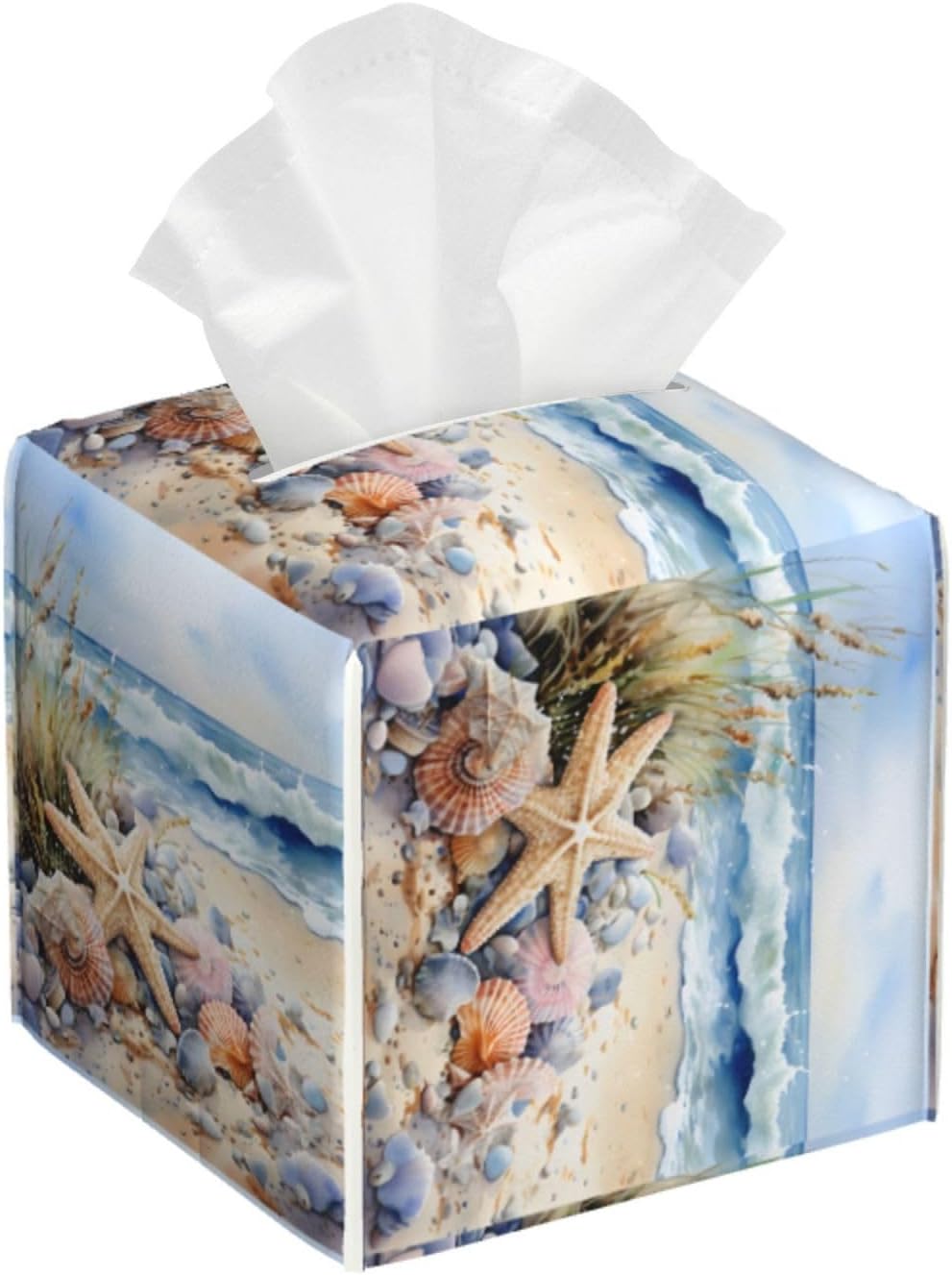 Tissue Box Cover Watercolor Beach Starfish Seashell Square PU Leather Tissue Box Holder for Car Bathroom Bedroom Desk Tabletop Decor