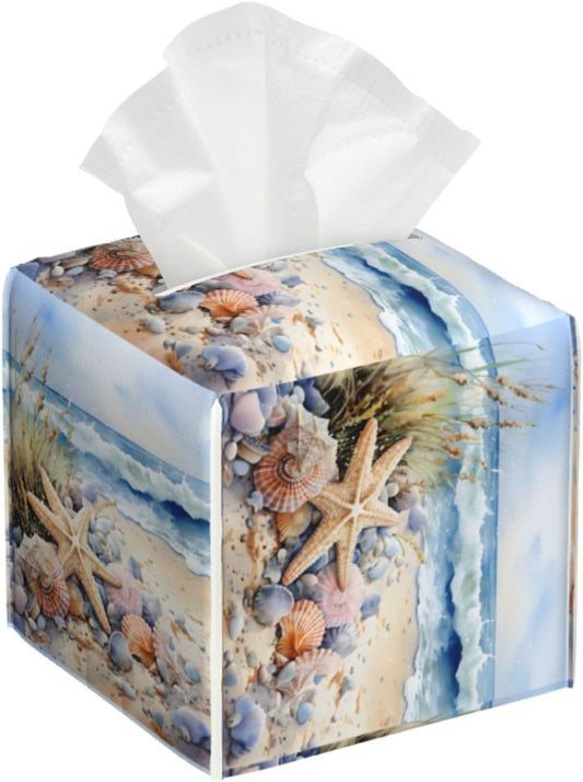 Tissue Box Cover Watercolor Beach Starfish Seashell Square PU Leather Tissue Box Holder for Car Bathroom Bedroom Desk Tabletop Decor