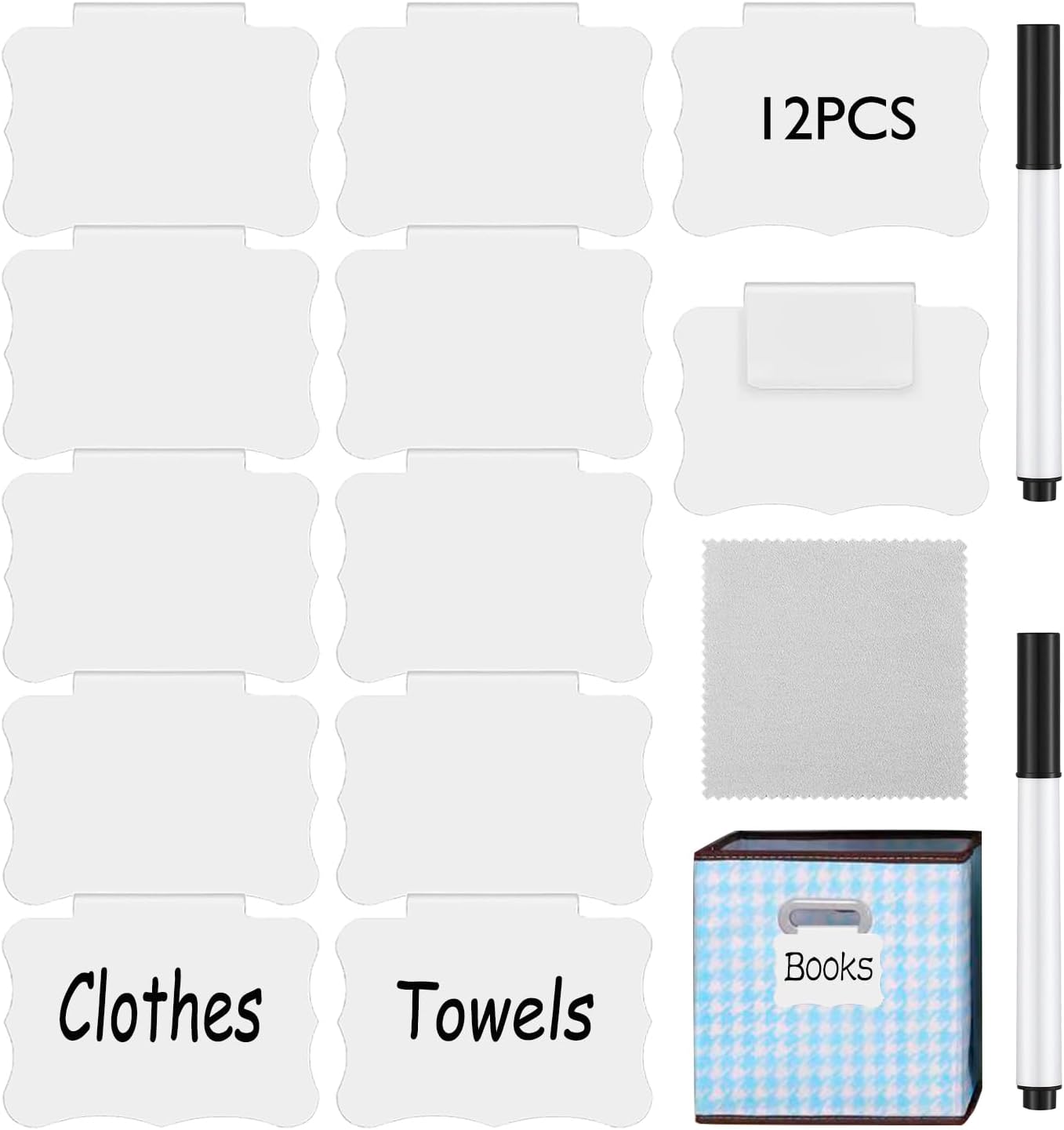 Reusable Erasable Basket Label Clips - 12 White PVC Basket Clip Tags with 2 Black Chalk Pens | Commercial-Grade Reusable Bin Labels for Warehouse/Home Organization
