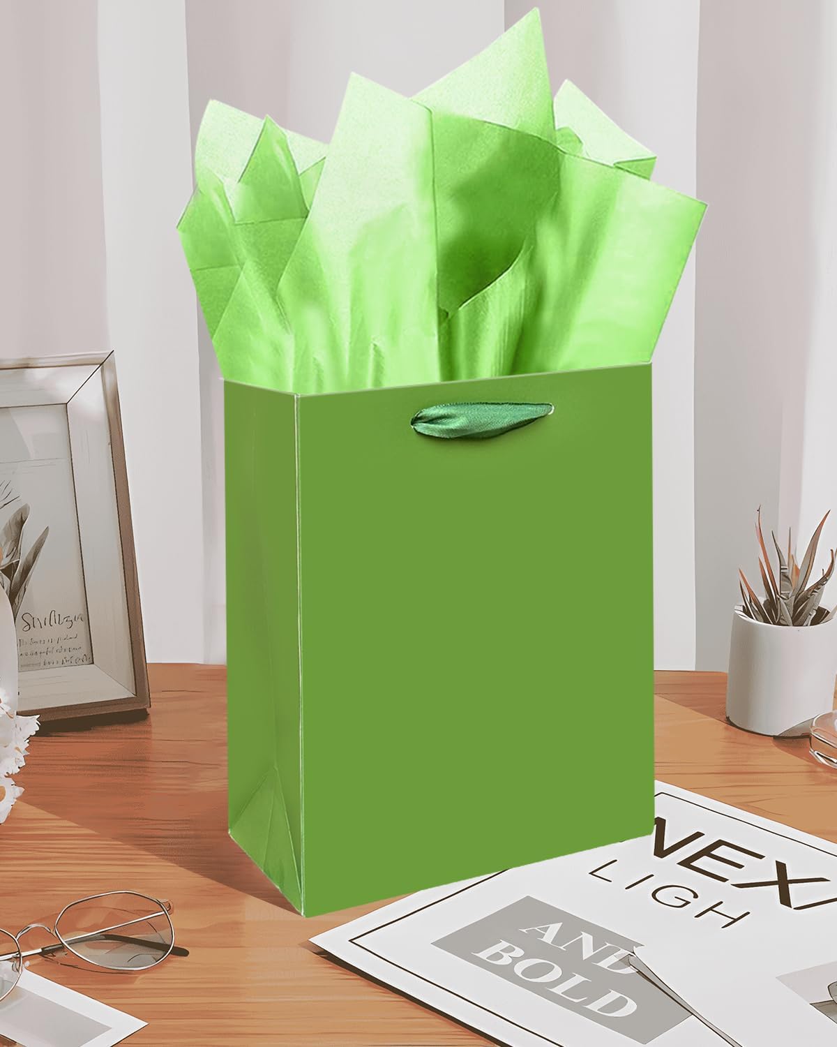 Gcardist Field Green Gift Bags with Tissue Paper for Wedding, Birthday, Party Supplies-7.9"x4.3"x9.6" Medium Size Cardboard Gift Bags（16pcs Bags +32pcs Tissue Paper ）