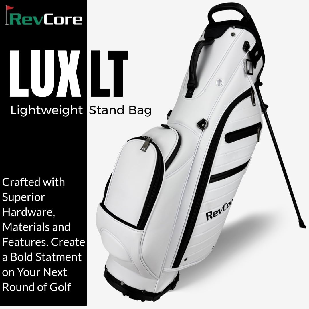 RevCore LT Lightweight Golf Stand Bag by CaddyDaddy – Premium Synthetic Leather Carry Golf Bag for Men & Women with 5-Way Divider, Cooler Pocket, Dual Strap – Golf Bag with Stand