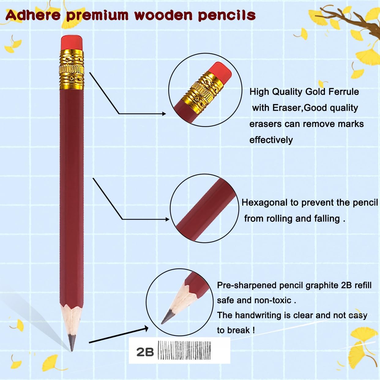 Adhere 25pcs Golf Pencils with eraser Hexagon Wooden Pencils Graphite 2B for Golf Event Scoring,Classroom,Wedding,Company Meetings,Pew, Pocket(Brown)
