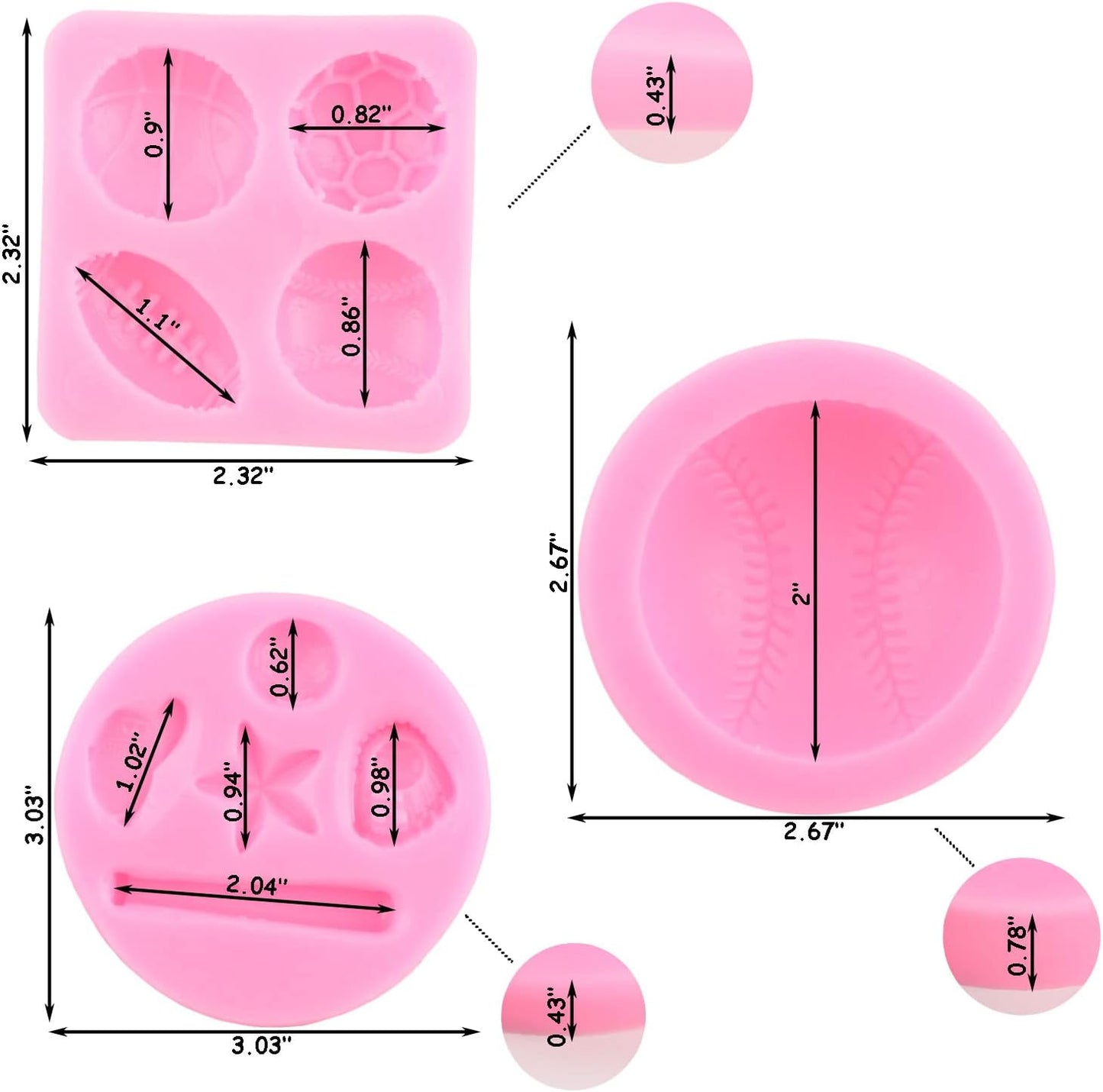 ZiXiang Baseball Silicone Molds Baseball Bat Glove Hat Fondant Mold Basketball Football Rugby Chocolate Molds For Cake Decorating Jelly Shots Candy Gum Paste Set of 4